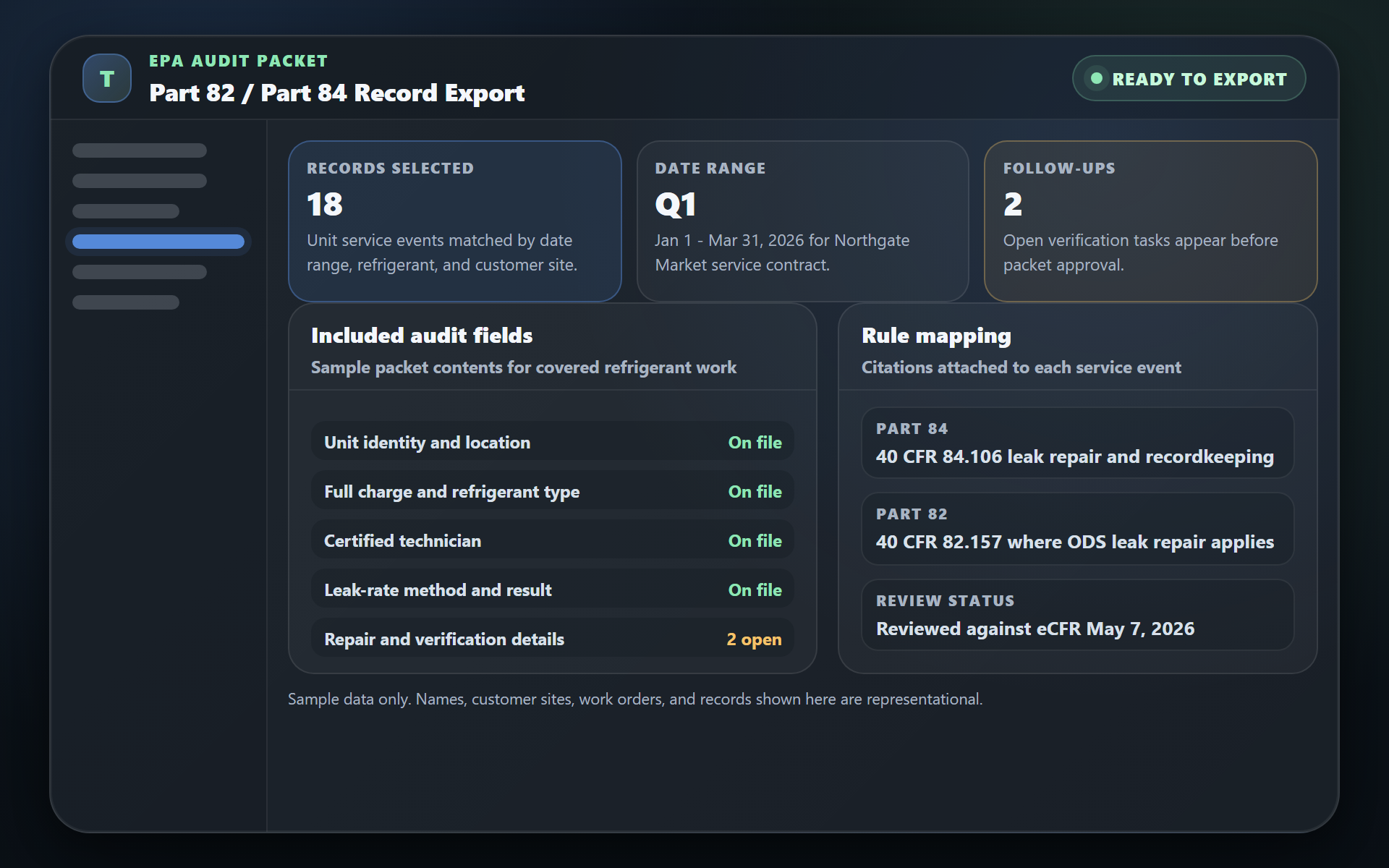 Sample TuffOps Part 84 audit packet showing refrigerant appliance grouping and service records