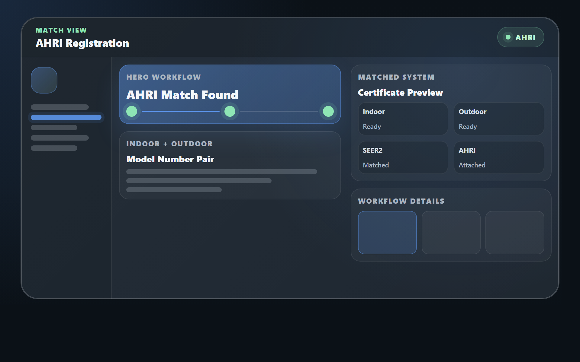 TuffOps warranty registration automation showing AHRI matching, equipment evidence, and registration packet readiness.